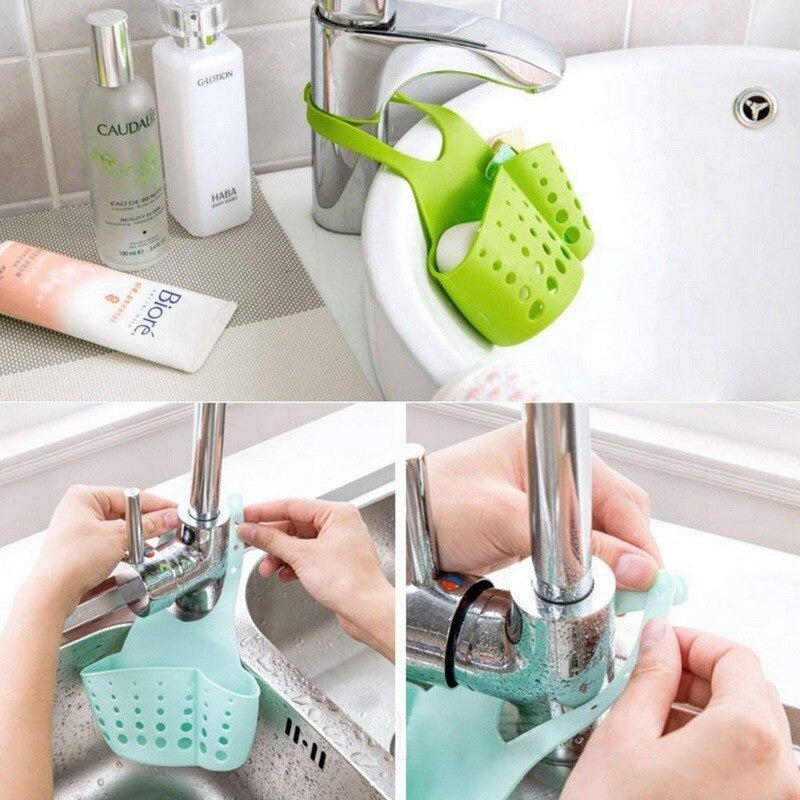 Faucet caddy with adjustable plastic basket for kitchen and bathroom sink drainage. Faucet caddy with adjustable plastic basket for kitchen and bathroom sink drainage.